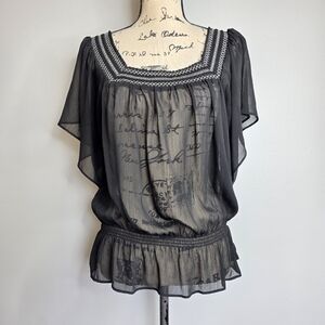 VTG Mudd Y2K Sheer Black Script Print Blouse Smocked Waist Butterfly Sleeve L